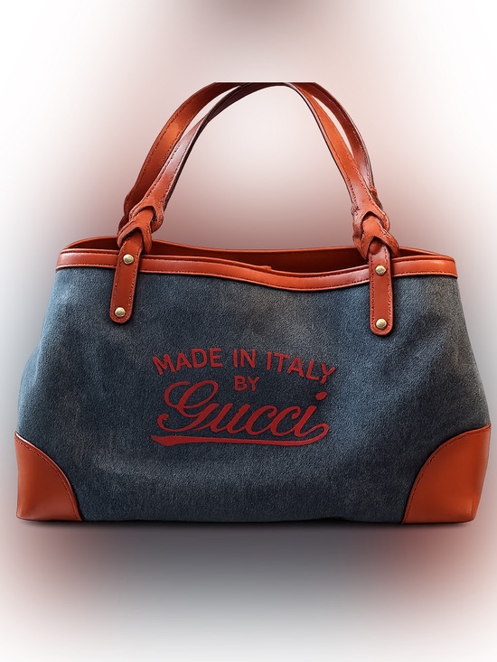 Gucci Handbags - Gucci Blue Denim Tote with Orange Leather Trim
